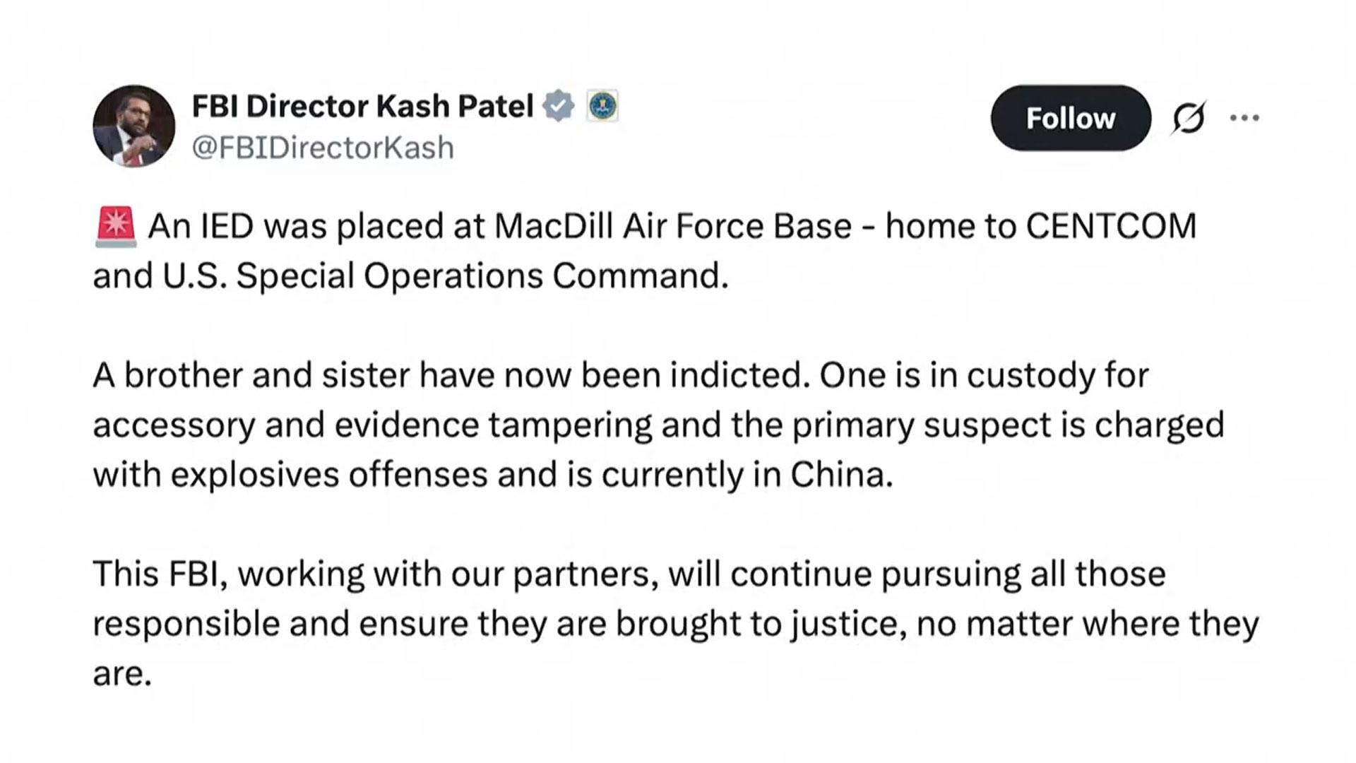 '이란전 지휘' 미 기지에 중국계 남매가 폭탄 설치